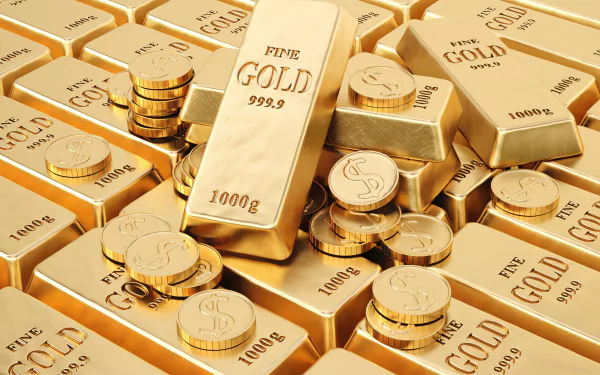 4K Ultra HD desktop wallpaper featuring stacks of gold bars and coins, showcasing the value of man-made money in a rich, gleaming composition.
