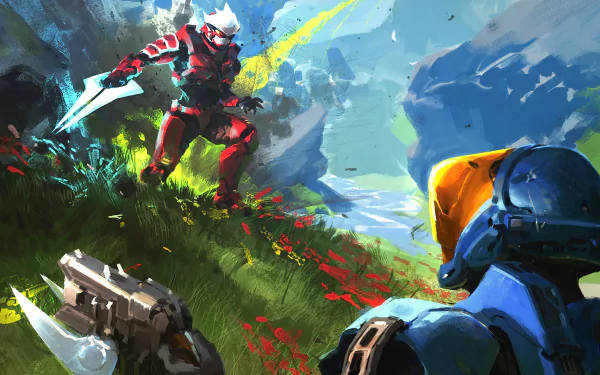 HD PC desktop wallpaper featuring intense Halo 3 combat with armored Spartans in a vibrant, action-packed alien landscape under a dynamic sky.