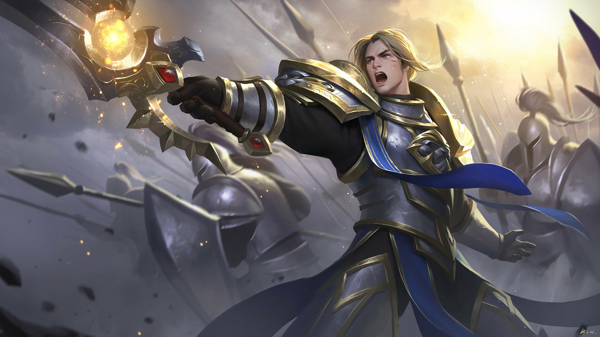 HD desktop wallpaper featuring Anduin Lothar, the armored warrior knight from World of Warcraft, commanding the battlefield with a determined battle cry.