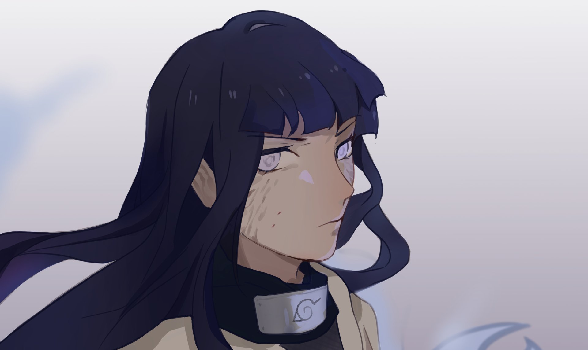 4K Ultra HD desktop wallpaper featuring Hinata Hyuga from the anime Naruto, showcasing her calm expression and signature white eyes in a soft, muted background.