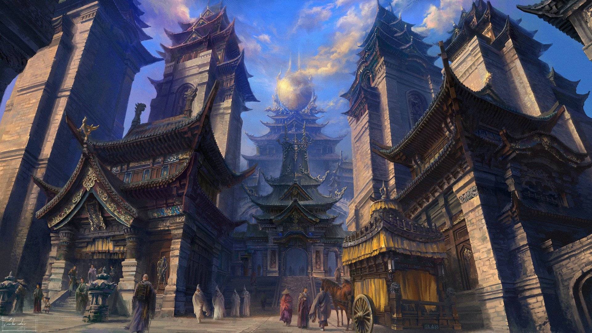 HD fantasy cityscape featuring towering pagodas under a vibrant sky, creating an immersive and detailed desktop wallpaper.