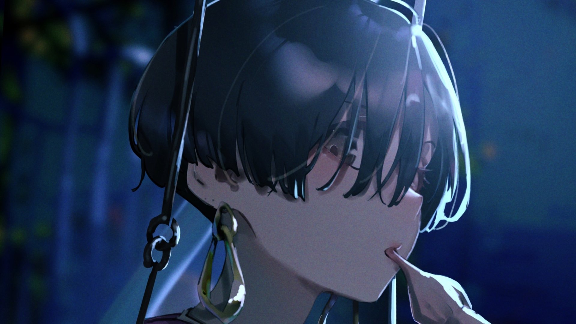 HD anime desktop wallpaper featuring an original character with short dark hair, softly illuminated in a moody, blue-toned night setting.