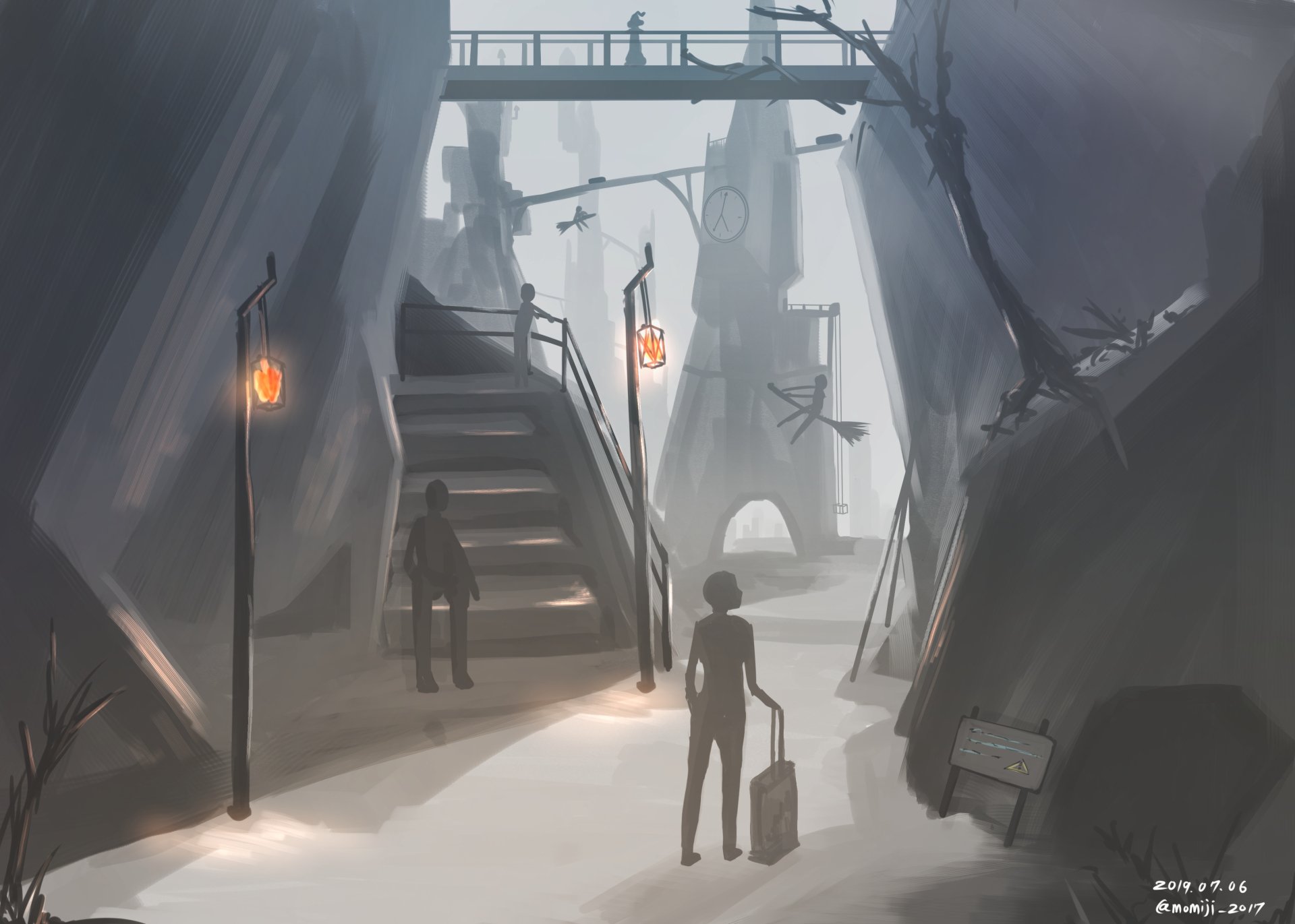 Anime-style HD desktop wallpaper depicting a moody scene with people walking along a path under a bridge, illuminated by street lamps and a large clock tower in the background.