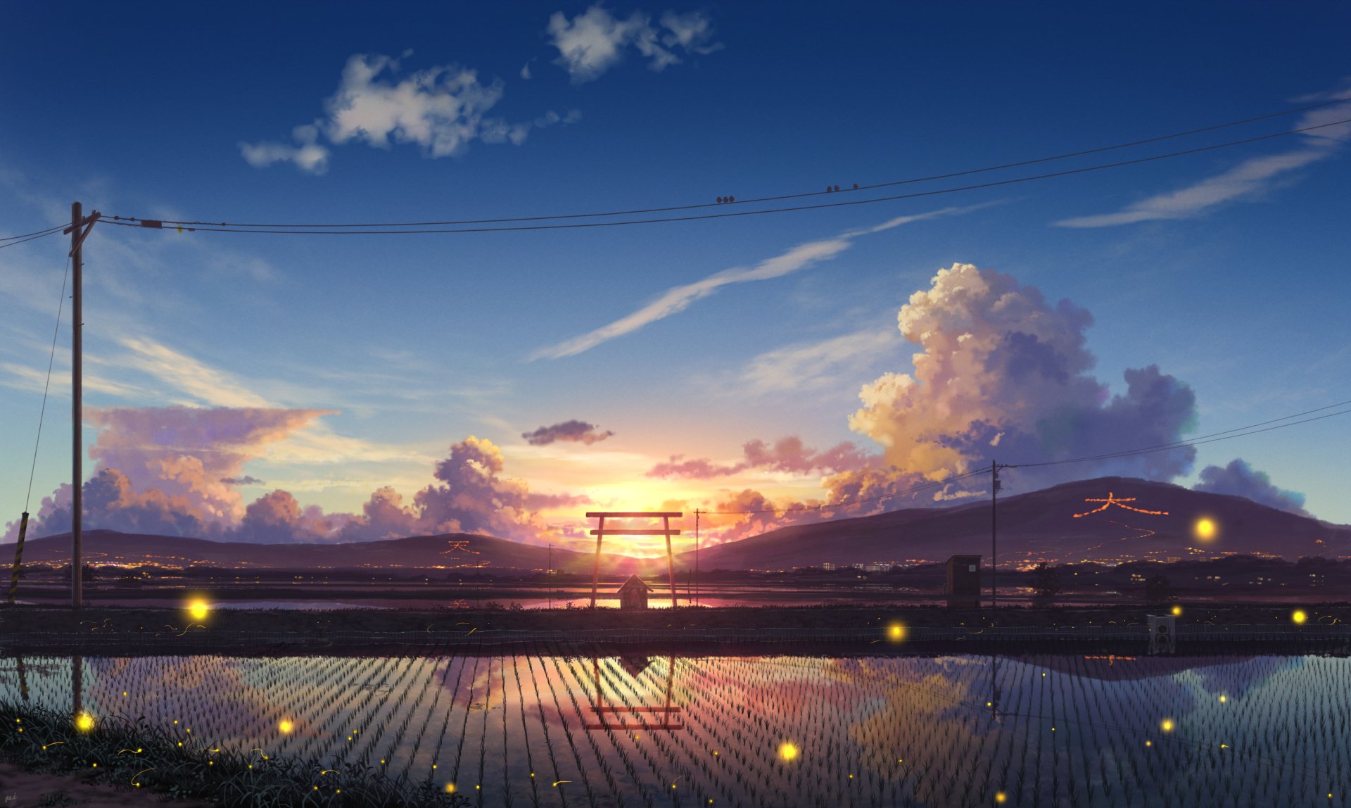 Anime-style HD desktop wallpaper featuring a vibrant sunset over a mirror-like water surface, complemented by distant mountains and a traditional torii gate under a starlit sky.