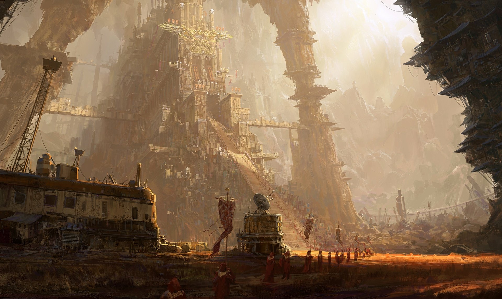 A post-apocalyptic sci-fi city with towering structures and scattered people, bathed in warm light, creating an immersive HD desktop wallpaper background.