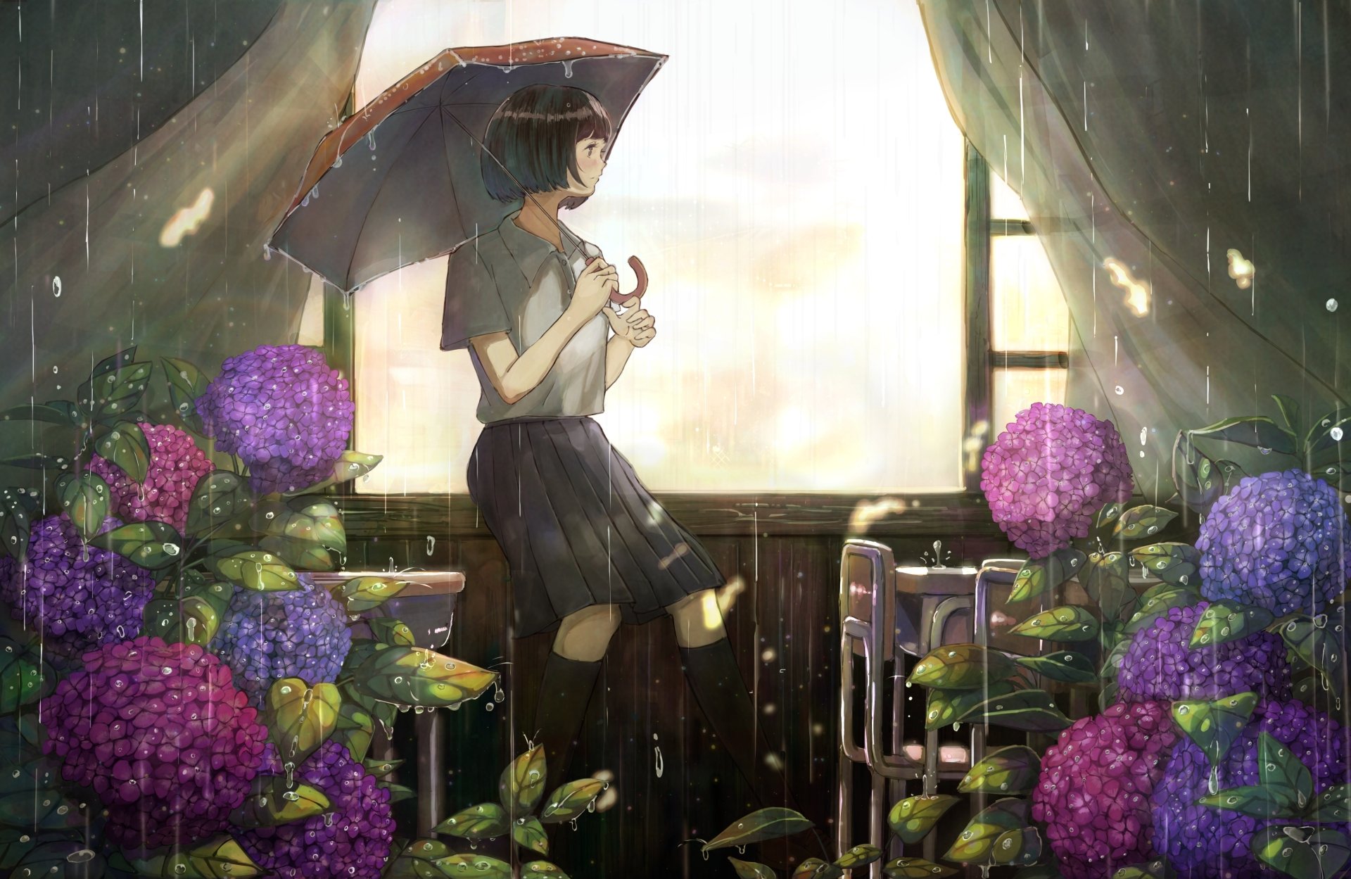 Anime-style 4K Ultra HD desktop wallpaper of a girl holding an umbrella inside a room filled with blooming hydrangeas during rain.