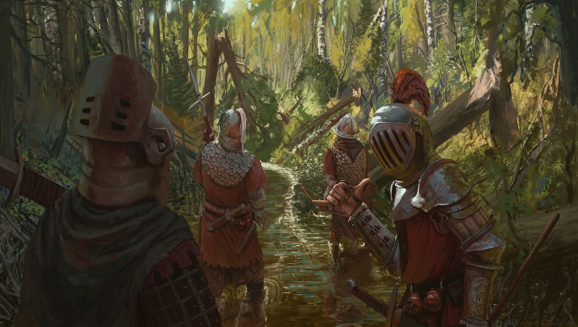 A group of fantasy knights wearing detailed helmets stand in a sunlit forest path, captured in a high-definition PC desktop wallpaper background.