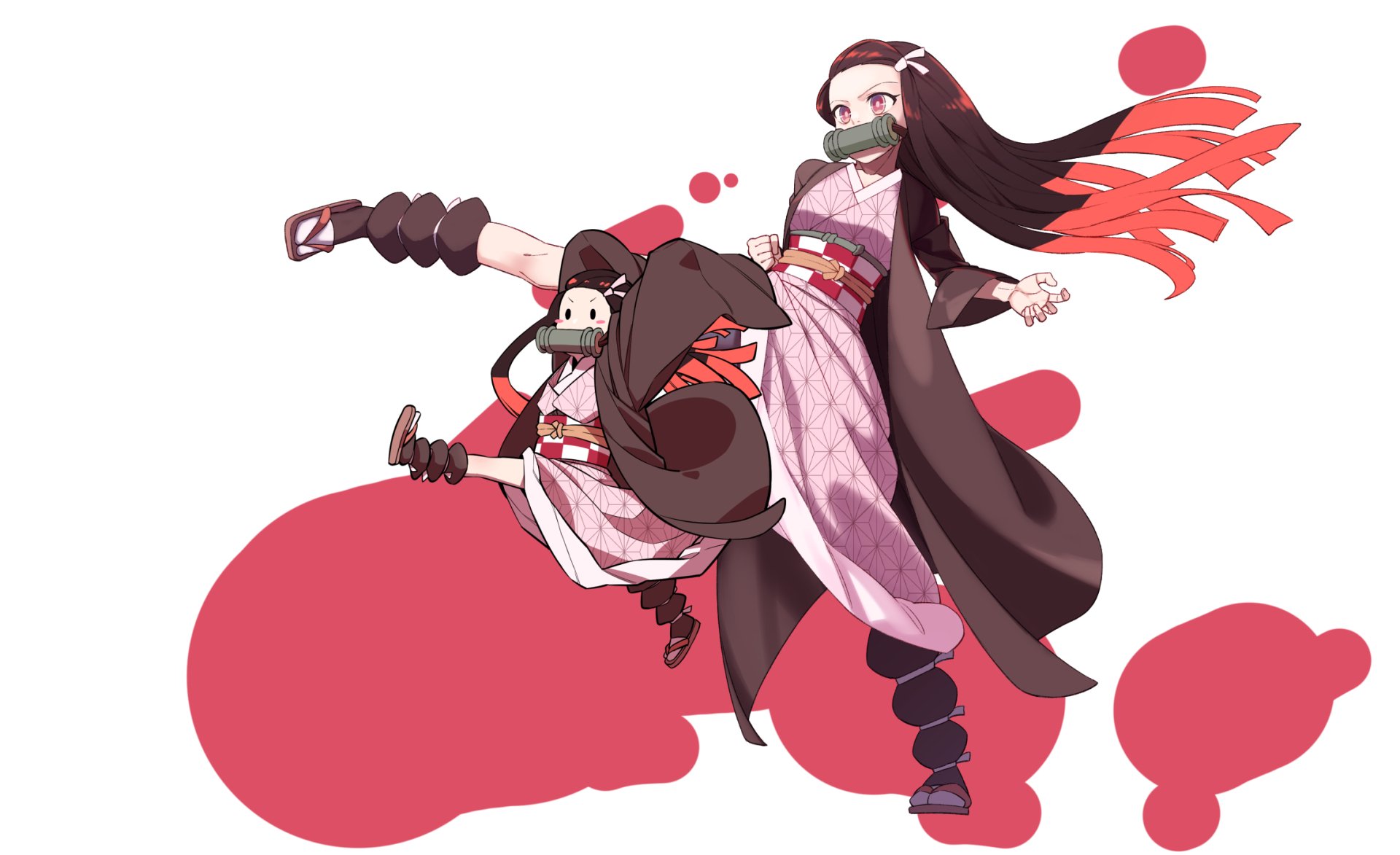 HD wallpaper featuring Nezuko Kamado from the anime Demon Slayer: Kimetsu no Yaiba, illustrated with dynamic poses and vibrant colors.