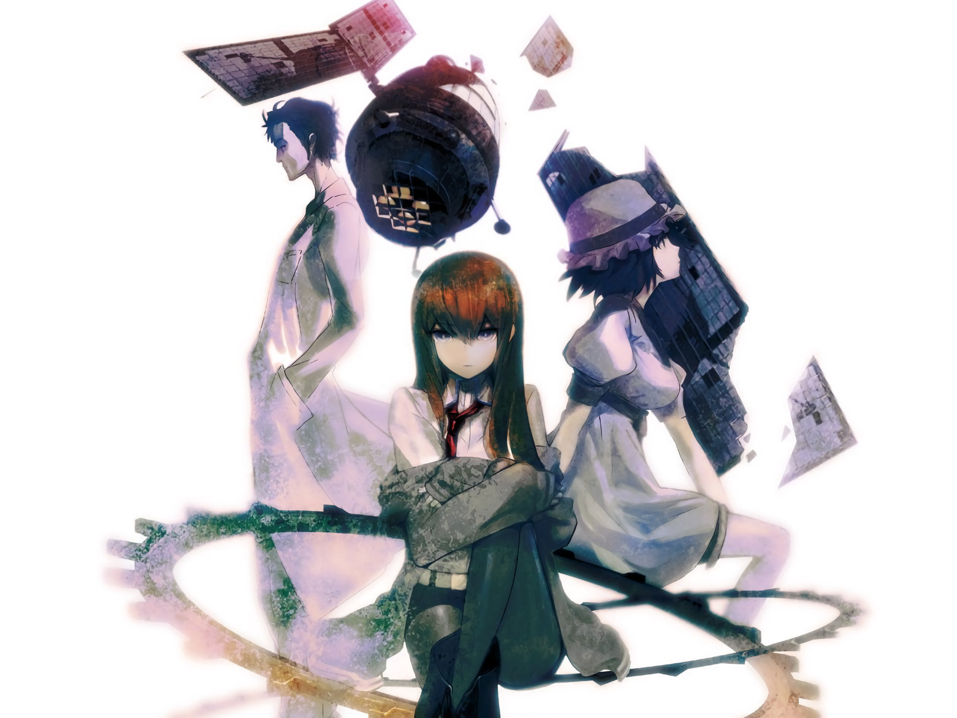 HD anime wallpaper featuring Mayuri Shiina, Rintaro Okabe, and Kurisu Makise from Steins;Gate, with a dynamic white background and detailed character art.