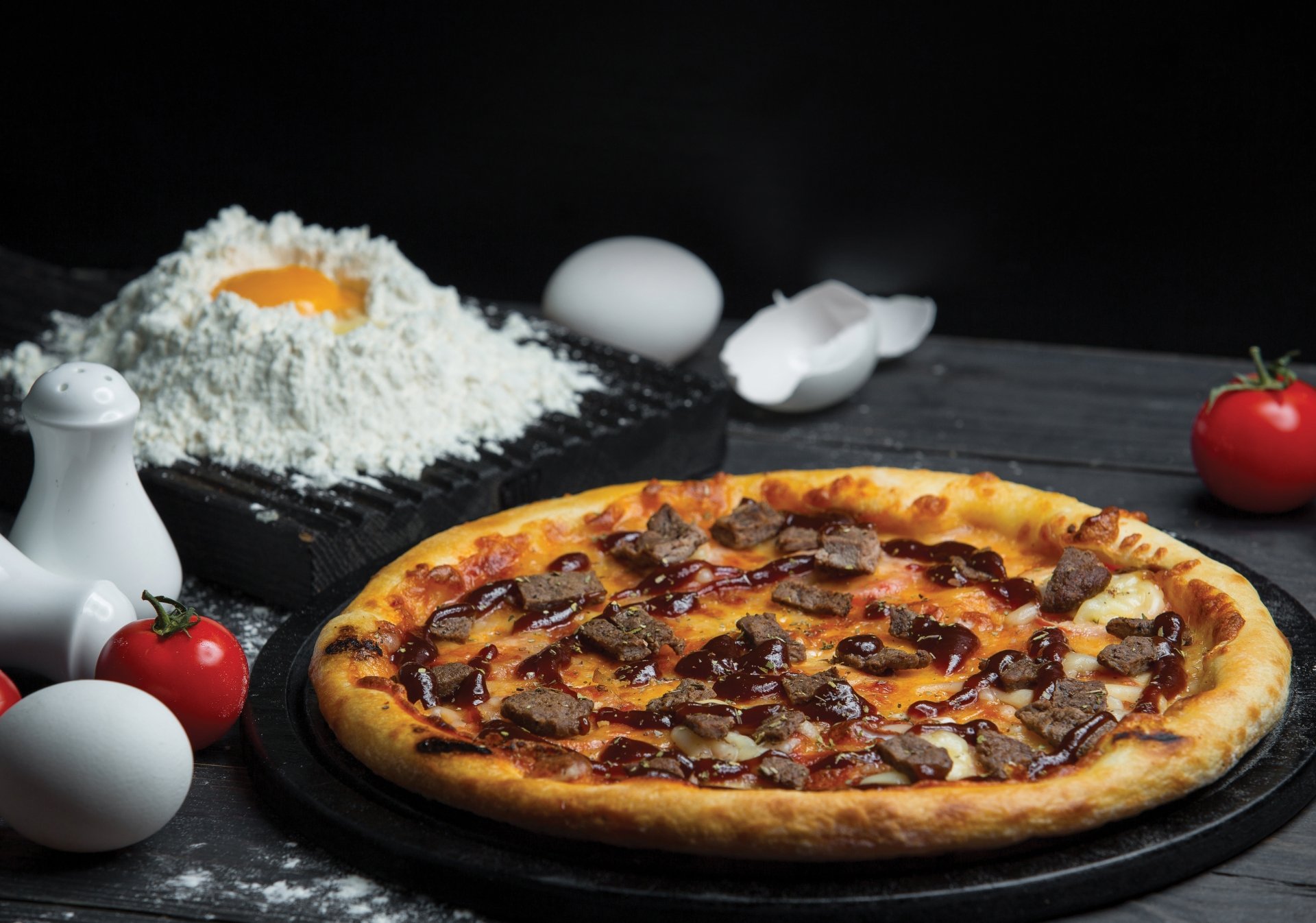 Download Still Life Flour Tomato Egg Food Pizza 4k Ultra HD Wallpaper