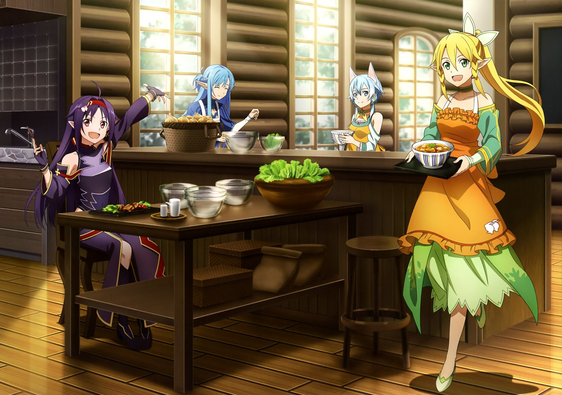 HD PC desktop wallpaper featuring Suguha Kirigaya (Leafa), Yuuki Konno, Asuna Yuuki, and Shino Asada from the anime Sword Art Online II in a cozy kitchen setting.