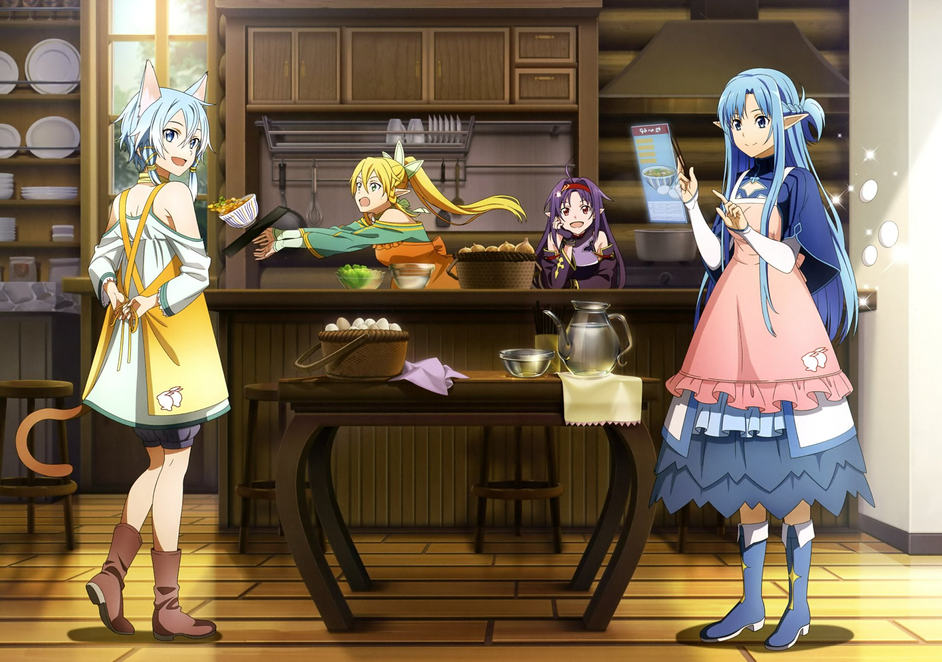 HD desktop wallpaper featuring Suguha Kirigaya, Leafa, Asuna Yuuki, Yuuki Konno, and Shino Asada from the anime Sword Art Online II in a cozy kitchen setting.