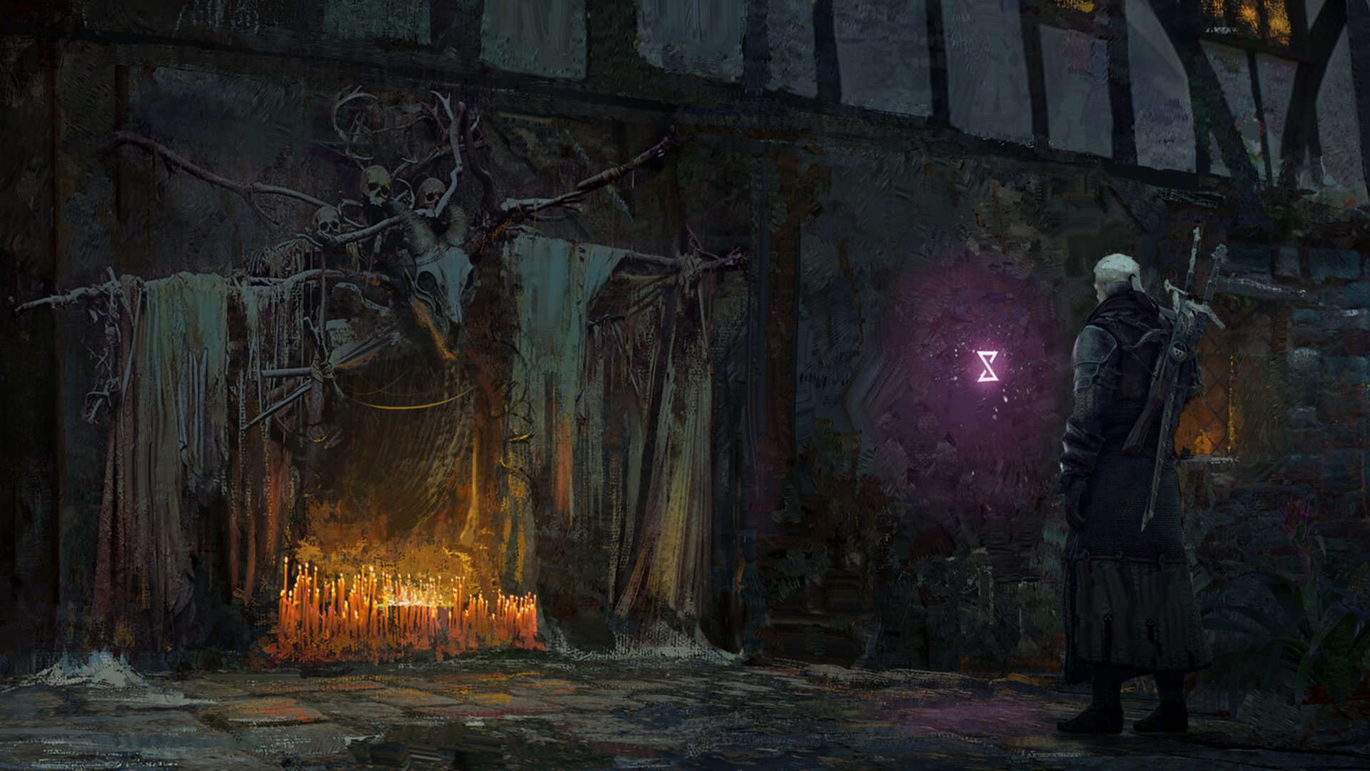 HD PC desktop wallpaper from The Witcher 3: Wild Hunt featuring Geralt of Rivia standing before a dark, eerie altar illuminated by candles and a glowing hourglass symbol.