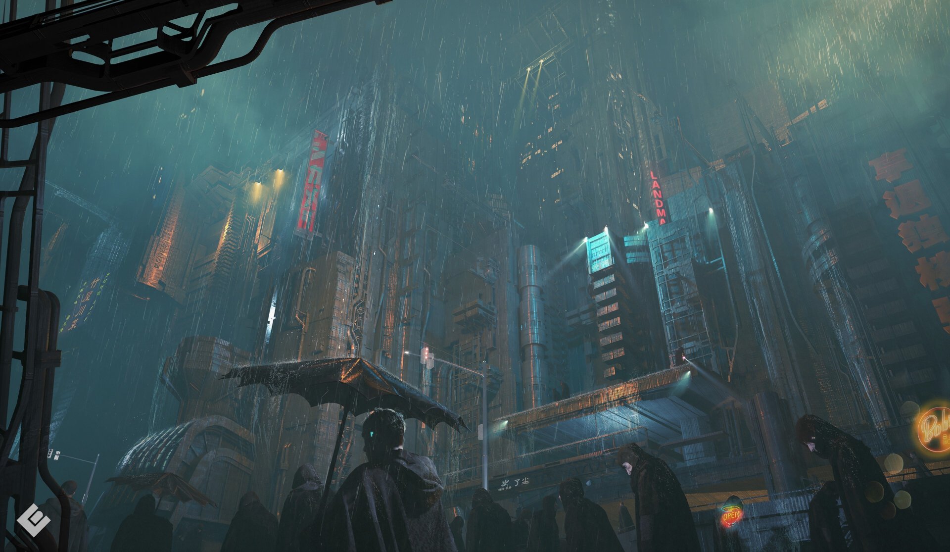 Futuristic cyberpunk cityscape with towering buildings, neon lights, and people carrying umbrellas in the rain. HD wallpaper capturing a sci-fi ambiance.