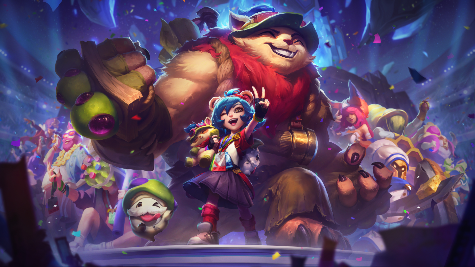 4K Ultra HD League of Legends wallpaper featuring Poro, Annie, and Teemo in a vibrant, action-packed video game scene.