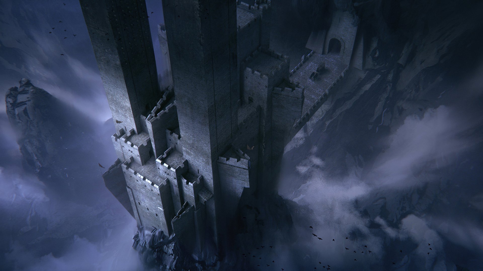 HD desktop wallpaper depicting a dark, medieval fantasy castle shrouded in mist and shadow, creating a mysterious and eerie atmosphere.