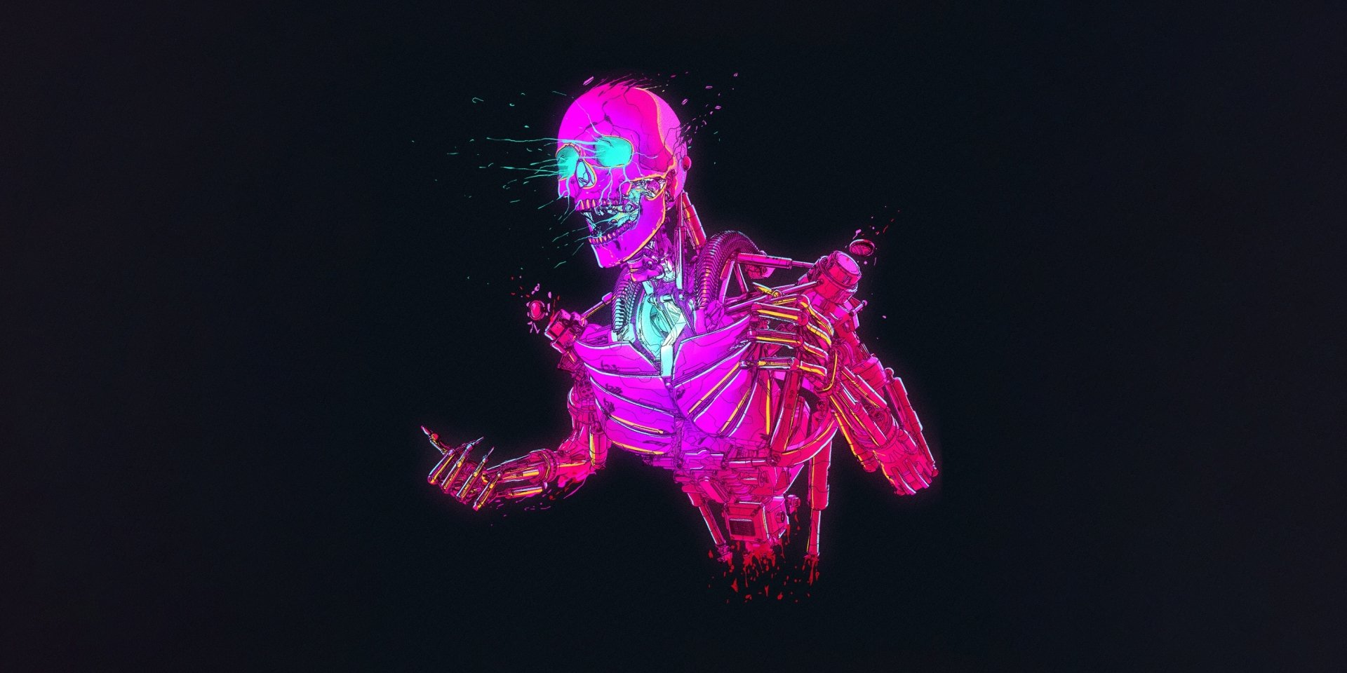 A vibrant cyberpunk robot skull with neon pink and blue hues, depicted in a futuristic sci-fi style as an HD PC desktop wallpaper and background.