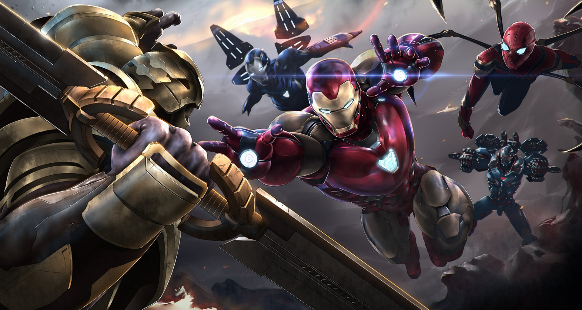 2K Quad HD PC desktop wallpaper: Iron Man, War Machine, Iron‑Spider and Spider‑Man charging at Thanos in an Avengers: Endgame movie battle.