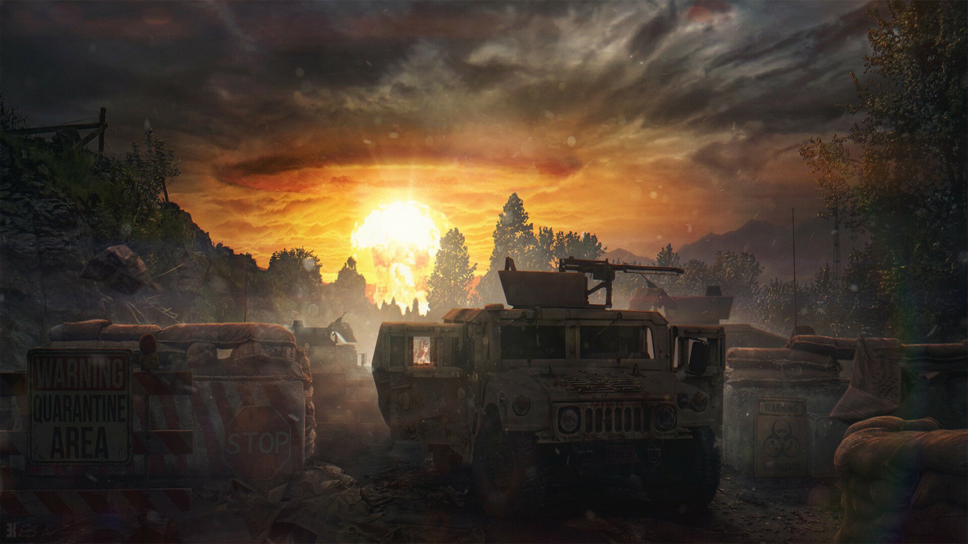 A sci-fi apocalyptic HD desktop wallpaper depicting a Humvee amid a dark landscape with a massive nuclear explosion lighting up the sky in the background.