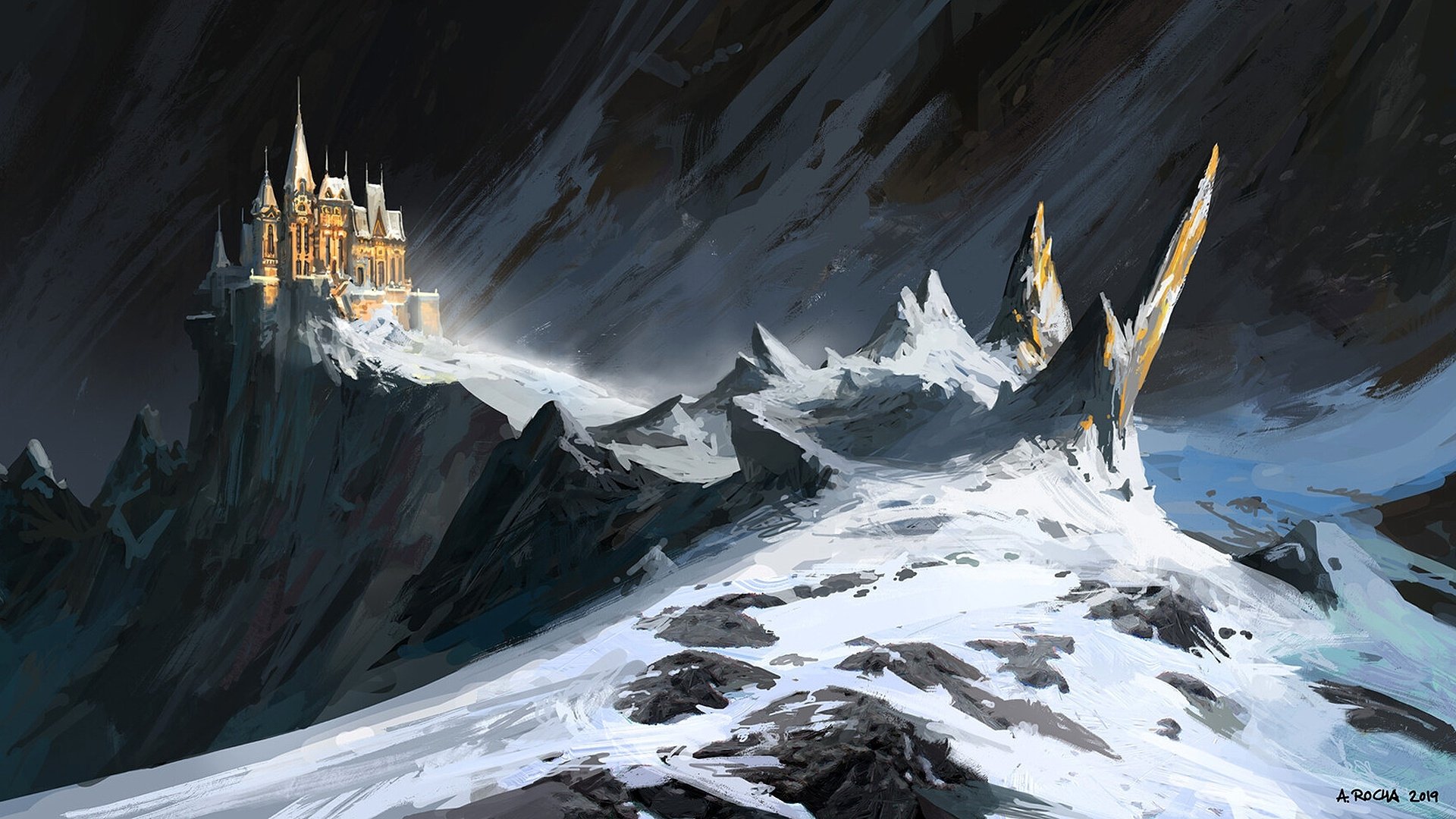 Majestic Snowbound Castle on a Mystical Mountain – HD Fantasy Wallpaper ...