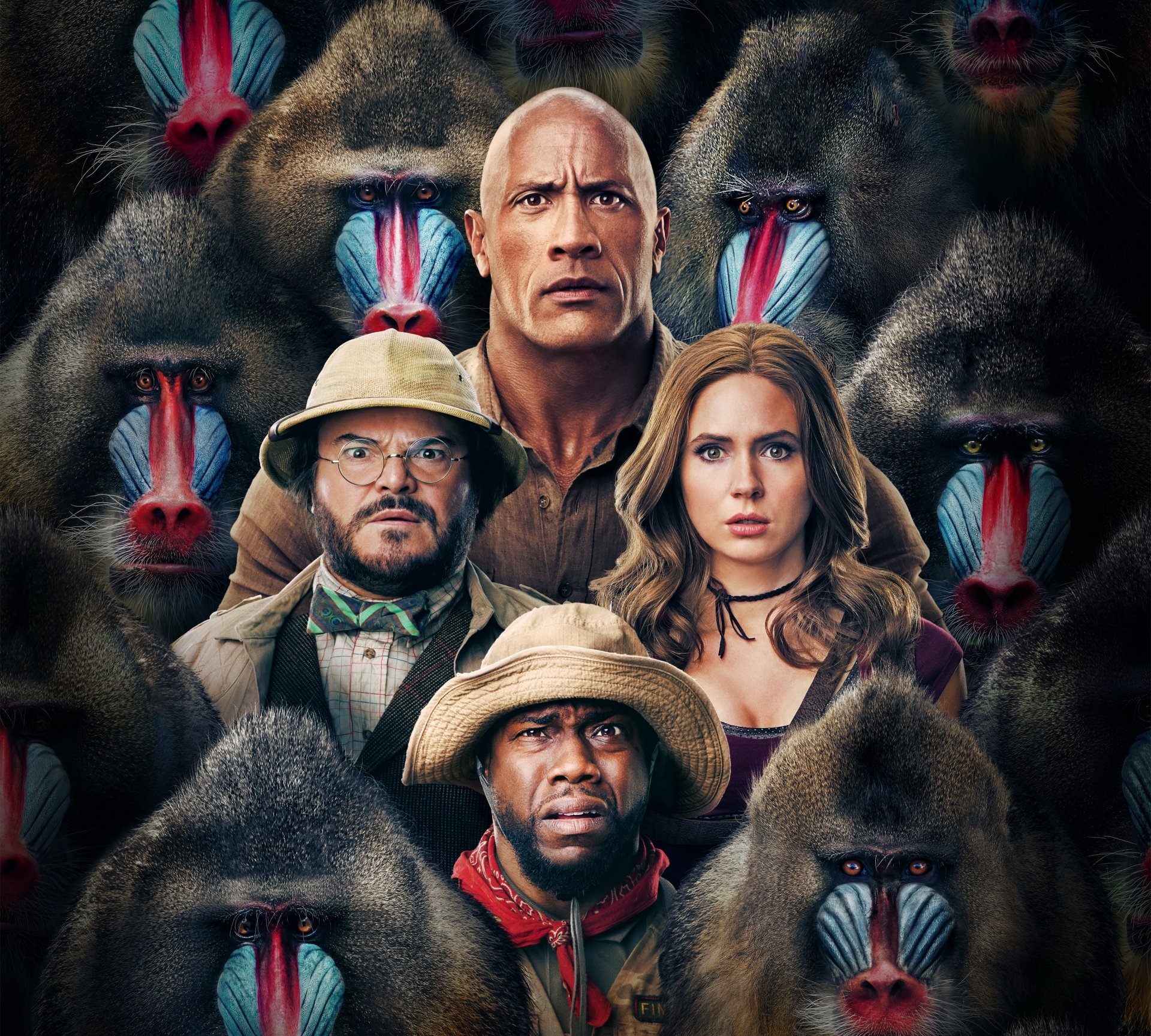 8K Ultra HD wallpaper featuring Kevin Hart, Karen Gillan, Jack Black, and Dwayne Johnson from the movie Jumanji: The Next Level, surrounded by mandrill baboons.