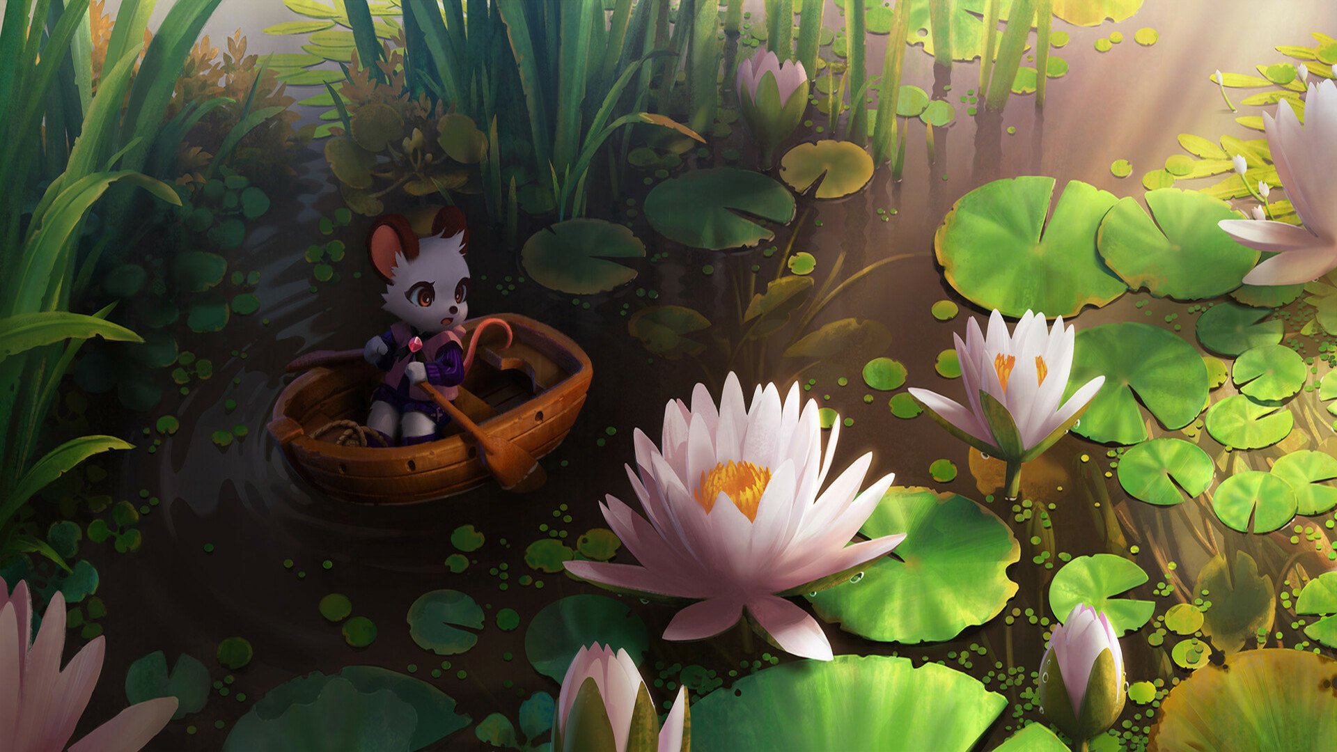 HD PC desktop wallpaper and background of a fantasy animal mouse in a tiny boat drifting among glowing lotus flowers and lily pads on a sunlit pond.