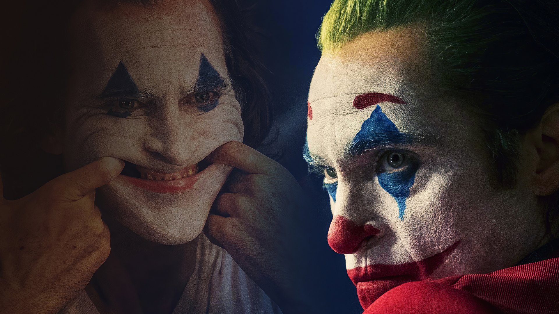 4K Ultra HD PC desktop wallpaper of the Joker from the movie — close-up painted face, solemn profile and a second image forcing a twisted smile.