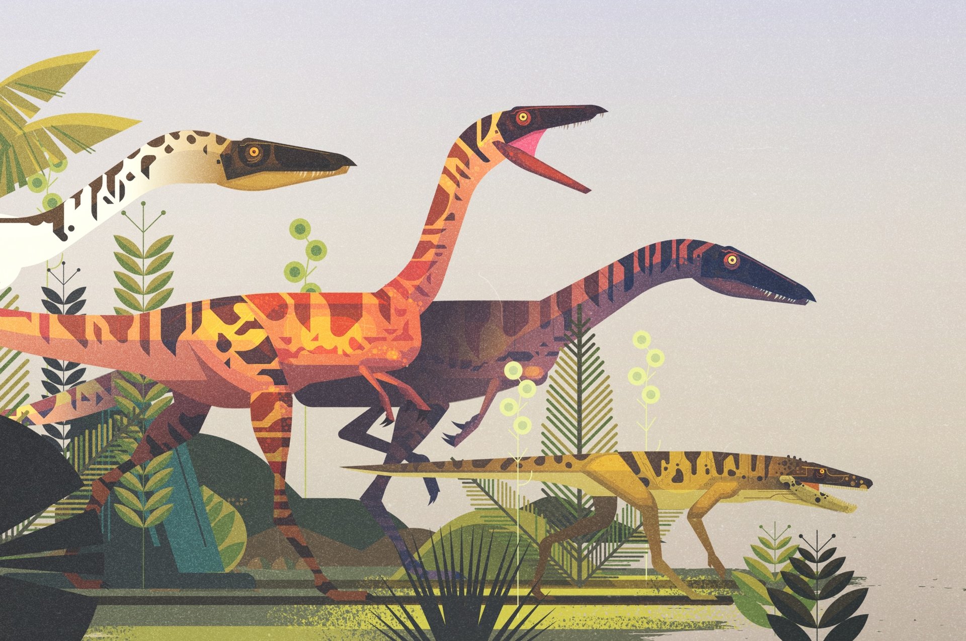 Minimalist HD desktop wallpaper featuring colorful, stylized dinosaur figures amidst simple foliage, blending animal themes with a clean artistic design.