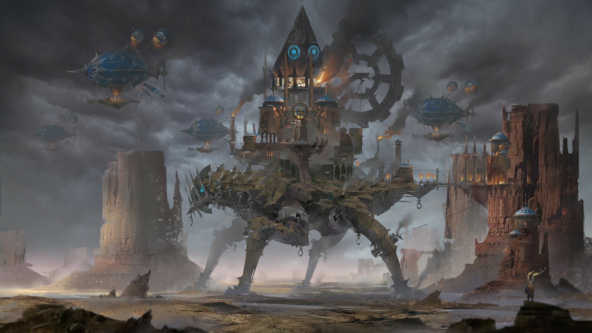 A detailed steampunk machine resembling a walking fortress with gears and towers under a cloudy sky, styled as a sci-fi HD PC desktop wallpaper.