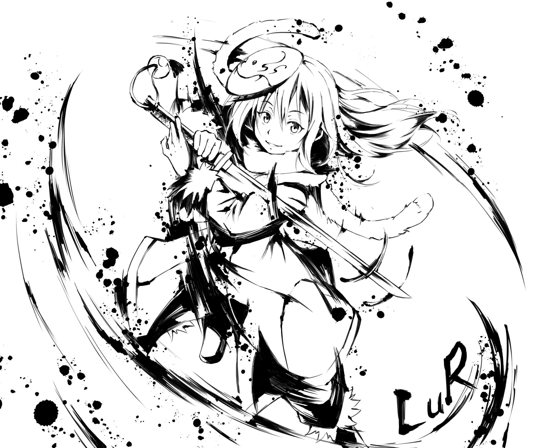 Black and white HD wallpaper featuring Rimuru Tempest from the anime That Time I Got Reincarnated as a Slime, wielding a weapon amidst dynamic splatter art.