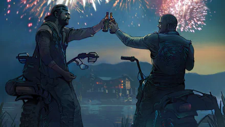 Deacon St. John from Days Gone raises a toast with a companion against a backdrop of fireworks in this HD PC desktop wallpaper.