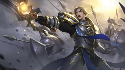 HD desktop wallpaper featuring Anduin Lothar, the armored warrior knight from World of Warcraft, commanding the battlefield with a determined battle cry.
