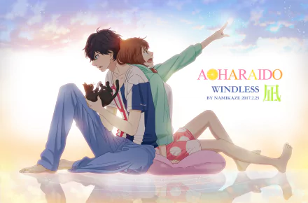 HD anime wallpaper featuring Futaba Yoshioka and Kou Mabuchi from Ao Haru Ride, sitting back-to-back with a glowing sky and a black cat in a serene, romantic atmosphere.