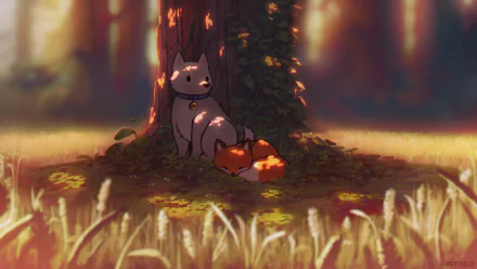 HD PC desktop wallpaper featuring Sven from Minecraft, a friendly wolf resting beside a sleeping fox in a warm, softly lit forest scene from the video game.
