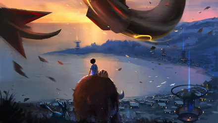 4K Ultra HD anime-style Pokémon wallpaper showing a character riding a large creature overlooking a futuristic cityscape at sunset.