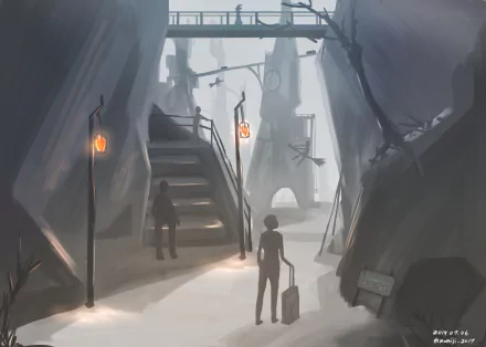 Anime-style HD desktop wallpaper depicting a moody scene with people walking along a path under a bridge, illuminated by street lamps and a large clock tower in the background.