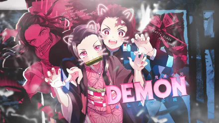 HD desktop wallpaper featuring Nezuko Kamado and Tanjiro Kamado from the anime series Demon Slayer: Kimetsu no Yaiba, depicted in a dynamic and colorful style.