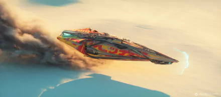 Futuristic spaceship speeds across a desert landscape under a hazy sky, captured in a vibrant Sci-Fi HD desktop wallpaper.