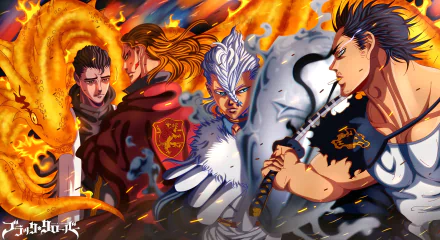 HD anime wallpaper featuring Damnatio Kira, Fuegoleon Vermillion, Yami Sukehiro, and Nozel Silva from Black Clover with fiery and dynamic backgrounds.