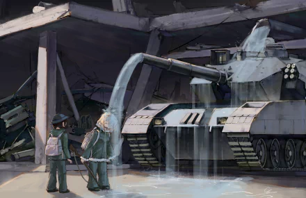 Yuuri and Chito from Girls' Last Tour stand beside a tank filling with water inside a dim, industrial setting in this HD anime desktop wallpaper.