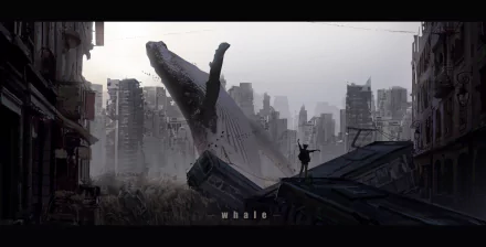 An anime-style HD desktop wallpaper featuring a post-apocalyptic scene, with a gigantic whale emerging from a ruined cityscape and a lone figure standing atop a wrecked train.