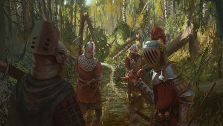 A group of fantasy knights wearing detailed helmets stand in a sunlit forest path, captured in a high-definition PC desktop wallpaper background.