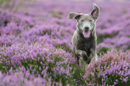 A joyful dog runs through a field of vibrant pink heather flowers, captured in an HD desktop wallpaper background.
