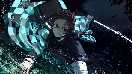Tanjiro Kamado from Demon Slayer: Kimetsu no Yaiba in action with a sword, set in a dark, dynamic scene. HD quality anime desktop wallpaper.