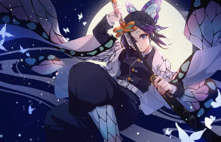 HD desktop wallpaper featuring Shinobu Kochou from the anime Demon Slayer: Kimetsu no Yaiba. She is depicted with her sword surrounded by butterflies, against a moonlit background.