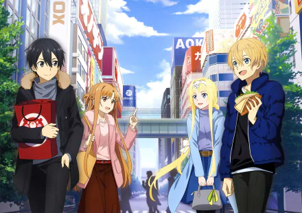 HD PC desktop wallpaper featuring Kirito, Asuna Yuuki, Alice Zuberg, and Eugeo from the anime Sword Art Online: Alicization walking through a vibrant city street.