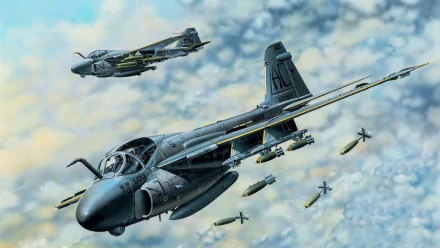 HD desktop wallpaper featuring two military Grumman A-6 Intruder jet fighter warplanes flying amidst clouds, releasing multiple bombs in midair.