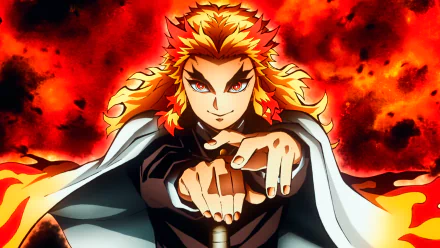 HD wallpaper featuring Kyojuro Rengoku from Demon Slayer: Kimetsu no Yaiba, with fiery background.