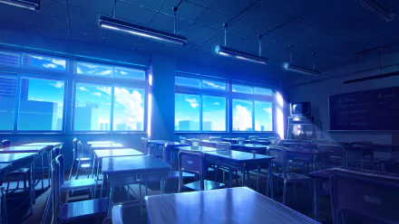 HD anime-style desktop wallpaper of a sunlit classroom with empty chairs and desks, a blackboard, and large windows.