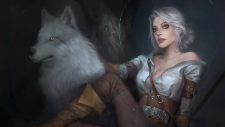 Ciri from The Witcher 3: Wild Hunt with white hair, sitting beside a large wolf, depicted in a 4K Ultra HD video game desktop wallpaper.